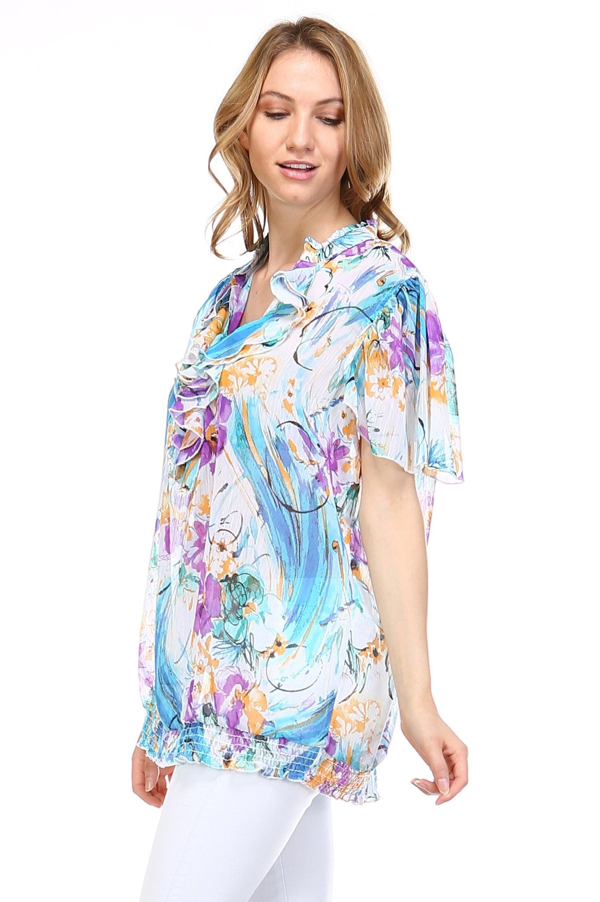 Women's Printed Chiffon Smocked Waist Ruffle Top Tops - Tophatter Daily Deals