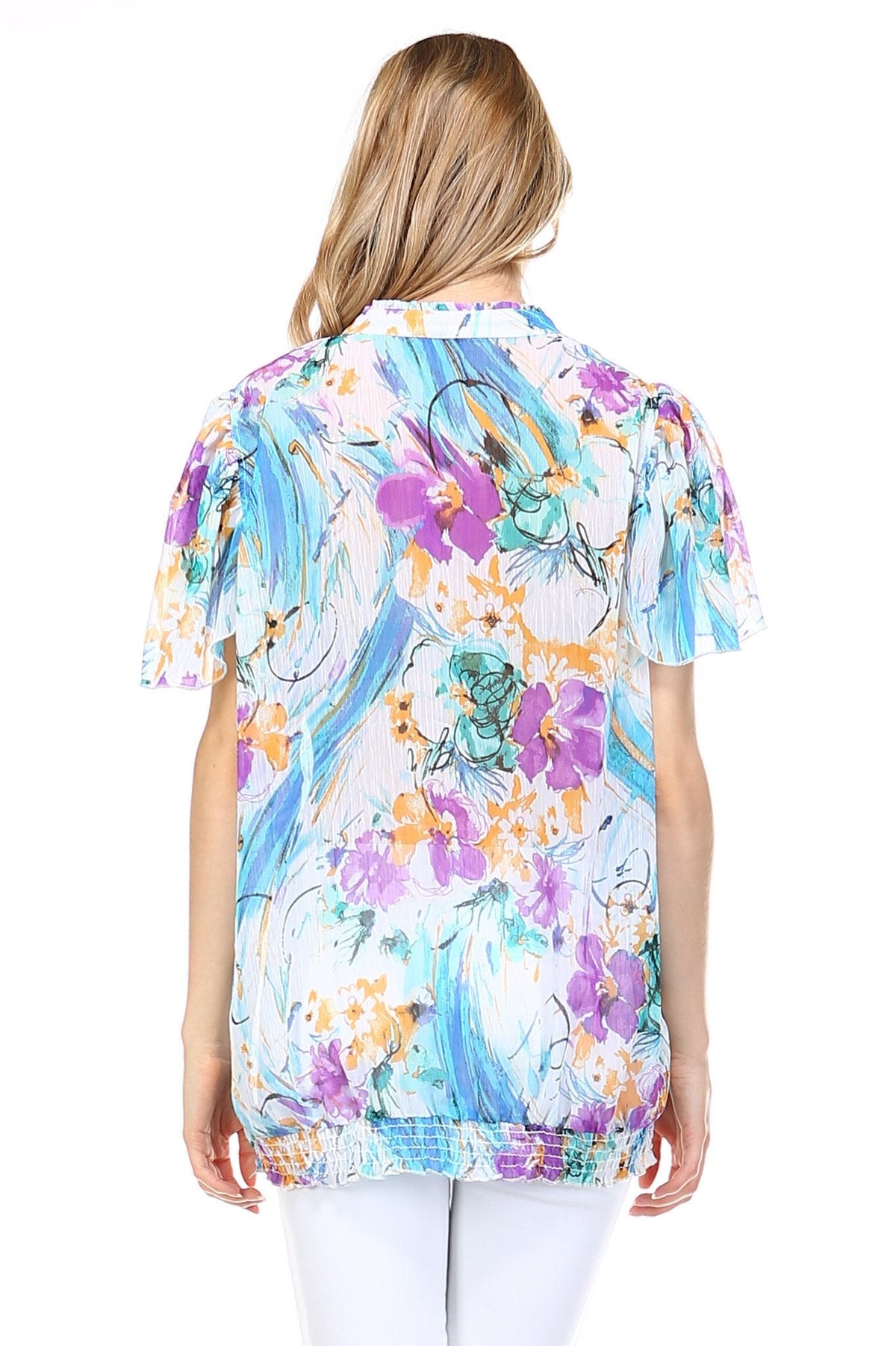 Women's Printed Chiffon Smocked Waist Ruffle Top Tops - Tophatter Daily Deals