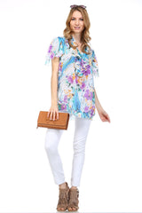 Women's Printed Chiffon Smocked Waist Ruffle Top Tops - Tophatter Daily Deals