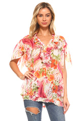 Women's Printed Chiffon Smocked Waist Ruffle Top White Pink Rust Tops - Tophatter Daily Deals