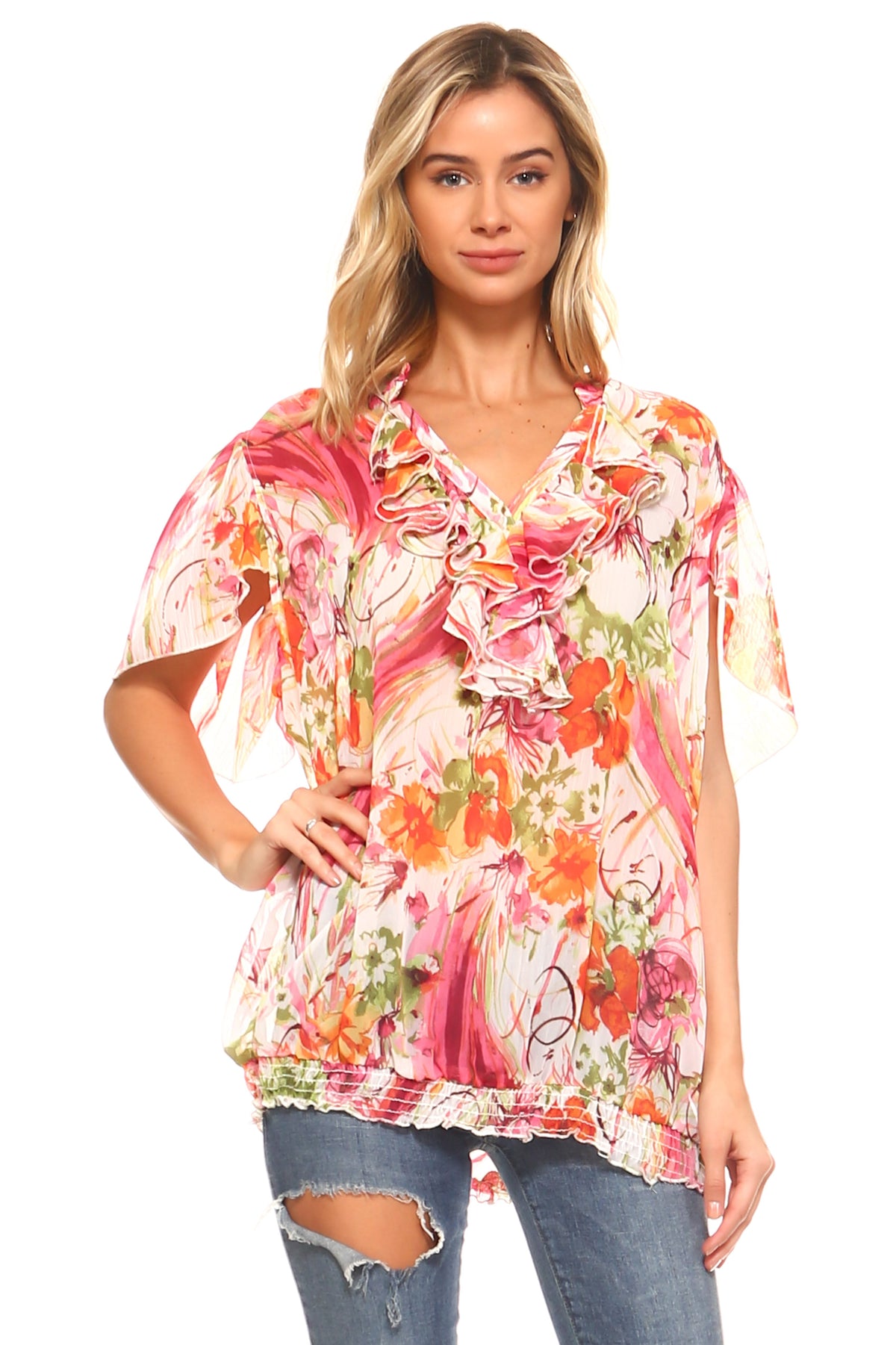 Women's Printed Chiffon Smocked Waist Ruffle Top White Pink Rust Tops - Tophatter Daily Deals