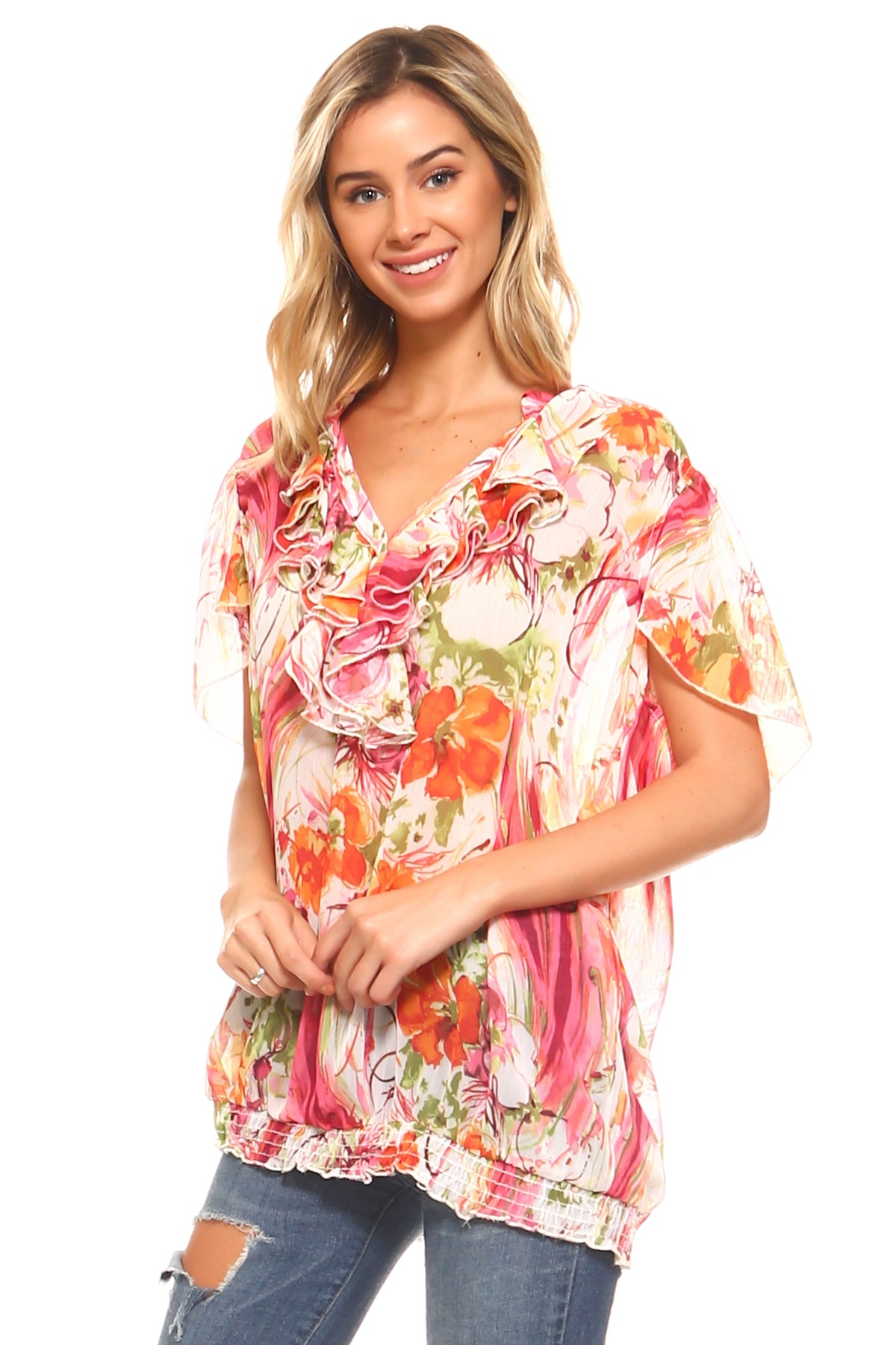 Women's Printed Chiffon Smocked Waist Ruffle Top Tops - Tophatter Daily Deals