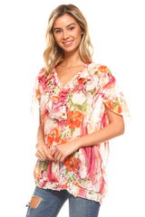 Women's Printed Chiffon Smocked Waist Ruffle Top Tops - Tophatter Daily Deals