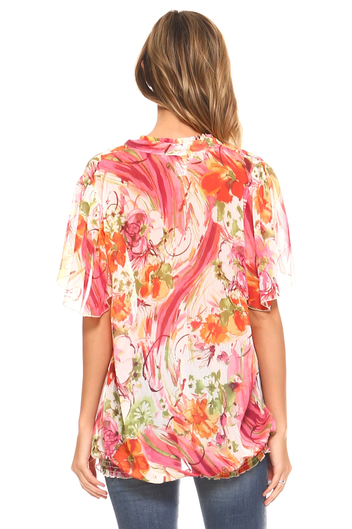 Women's Printed Chiffon Smocked Waist Ruffle Top Tops - Tophatter Daily Deals