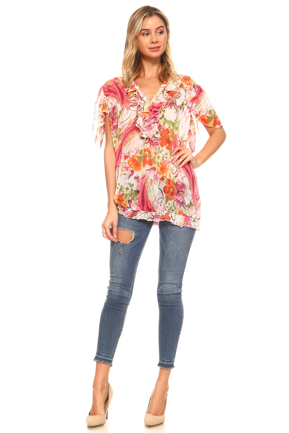 Women's Printed Chiffon Smocked Waist Ruffle Top Tops - Tophatter Daily Deals