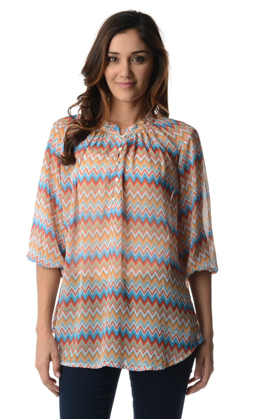 Women's 3/4 Three Quarter Sleeve Printed Chiffon Button Top Blue Red Green Tops - Tophatter Daily Deals