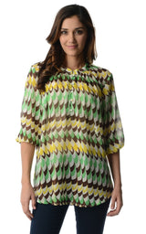 Women's 3/4 Three Quarter Sleeve Printed Chiffon Button Top Brown Green Lemon Tops - Tophatter Daily Deals