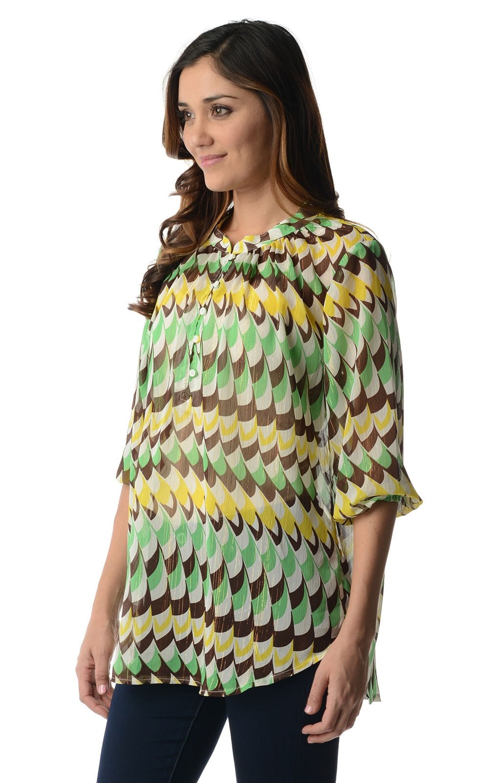 Women's 3/4 Three Quarter Sleeve Printed Chiffon Button Top Tops - Tophatter Daily Deals
