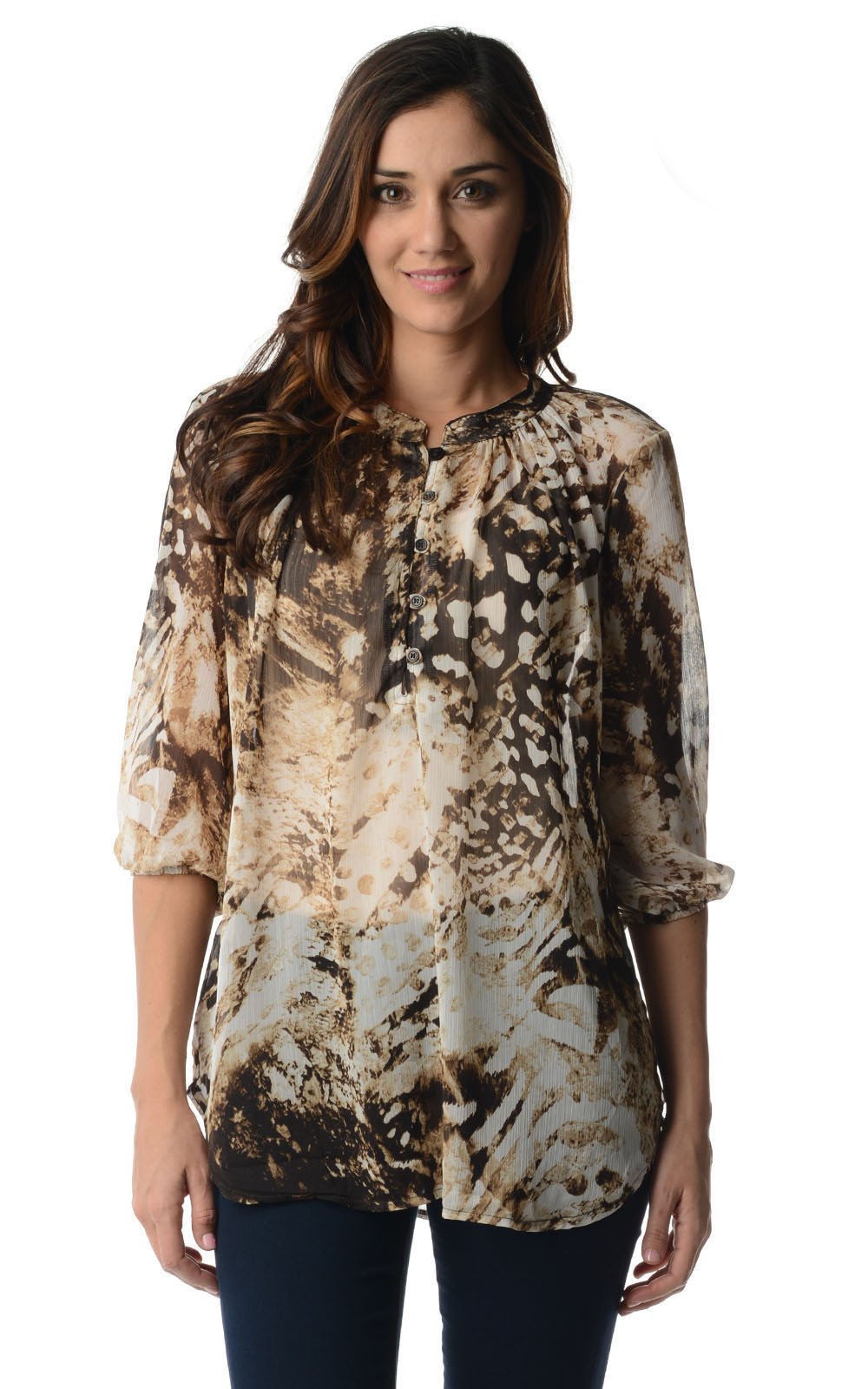 Women's 3/4 Three Quarter Sleeve Printed Chiffon Button Top Brown Taupe Black Tops - Tophatter Daily Deals