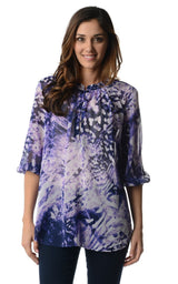 Women's 3/4 Three Quarter Sleeve Printed Chiffon Button Top Lavender Purple White Tops - Tophatter Daily Deals
