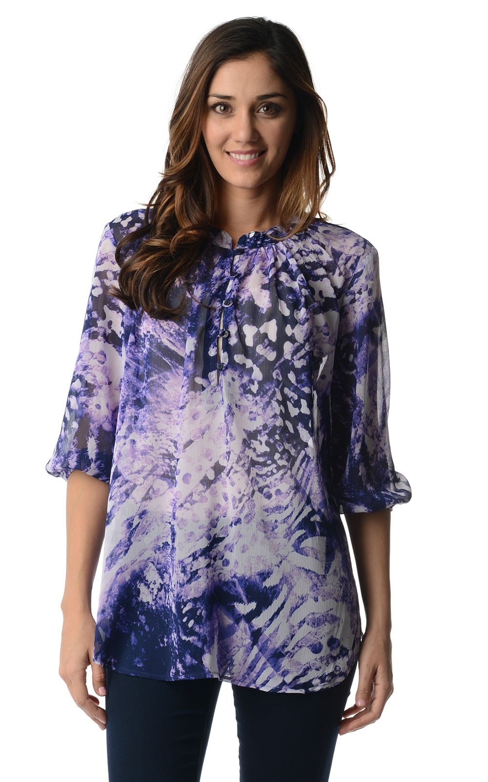 Women's 3/4 Three Quarter Sleeve Printed Chiffon Button Top Lavender Purple White Tops - Tophatter Daily Deals