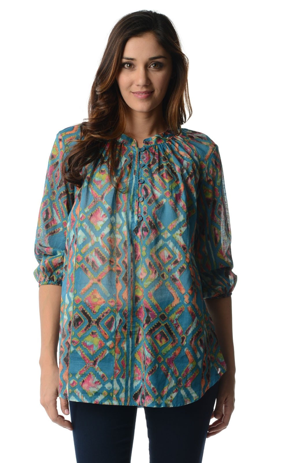 Women's 3/4 Three Quarter Sleeve Printed Chiffon Button Top Blue 10 Tops - Tophatter Daily Deals