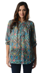 Women's 3/4 Three Quarter Sleeve Printed Chiffon Button Top Blue 10 Tops - Tophatter Daily Deals
