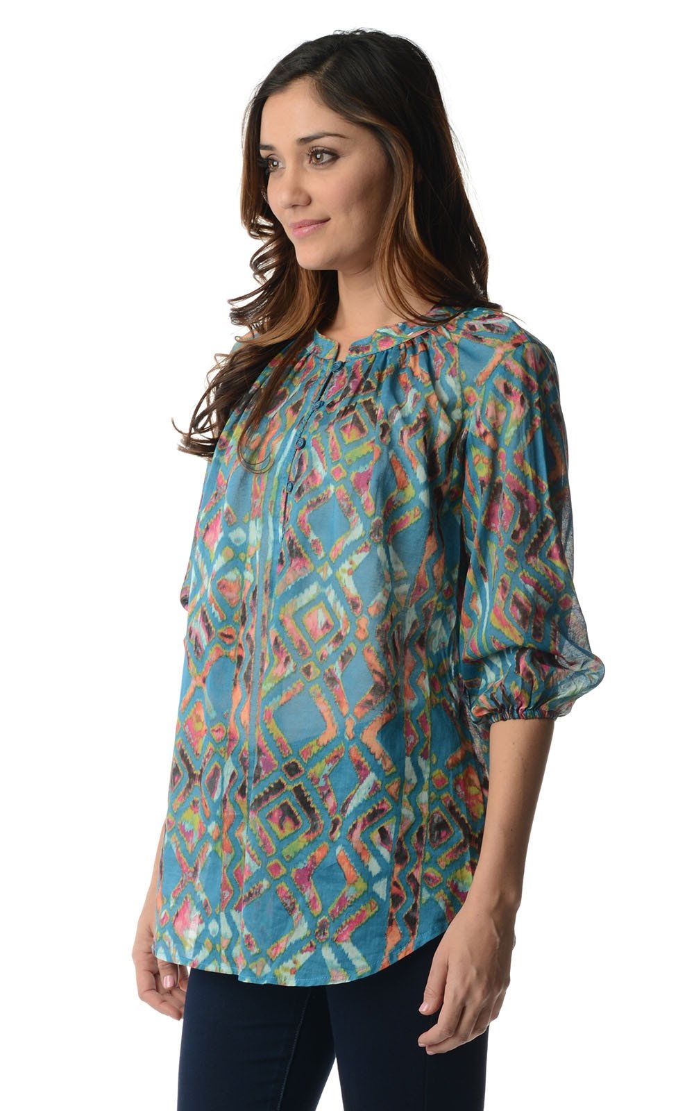 Women's 3/4 Three Quarter Sleeve Printed Chiffon Button Top Tops - Tophatter Daily Deals