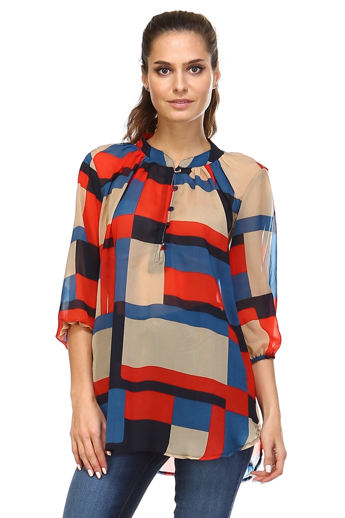 Women's 3/4 Three Quarter Sleeve Printed Chiffon Button Top Turquoise Royal Orange Tops - Tophatter Daily Deals