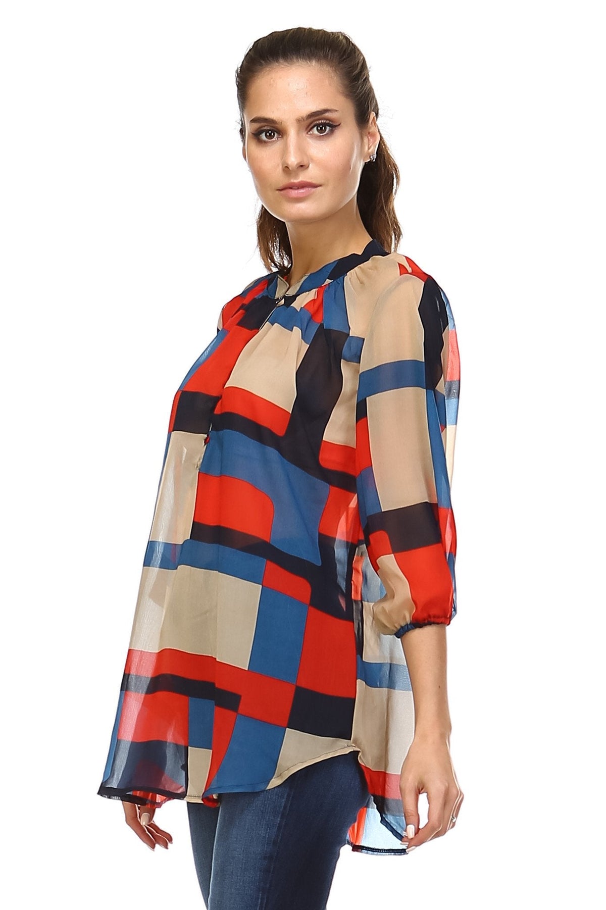Women's 3/4 Three Quarter Sleeve Printed Chiffon Button Top Tops - Tophatter Daily Deals