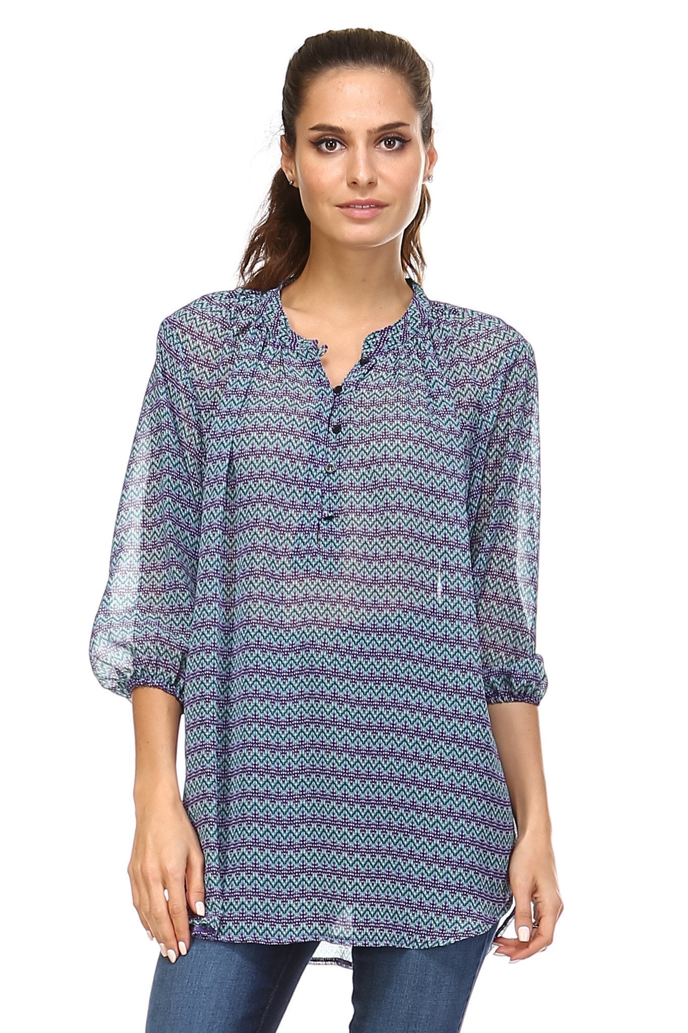 Women's 3/4 Three Quarter Sleeve Printed Chiffon Button Top White Purple Blue Tops - Tophatter Daily Deals