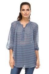 Women's 3/4 Three Quarter Sleeve Printed Chiffon Button Top White Purple Blue Tops - Tophatter Daily Deals