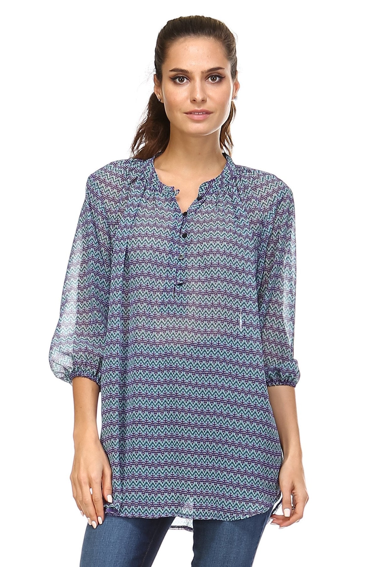 Women's 3/4 Three Quarter Sleeve Printed Chiffon Button Top White Purple Blue Tops - Tophatter Daily Deals