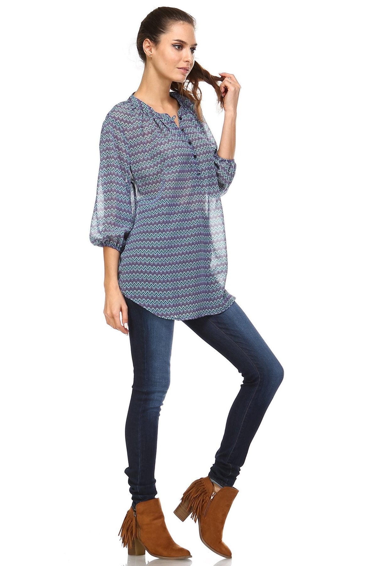 Women's 3/4 Three Quarter Sleeve Printed Chiffon Button Top Tops - Tophatter Daily Deals