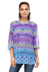Women's 3/4 Three Quarter Sleeve Printed Chiffon Button Top Blue Purple Green Tops - Tophatter Daily Deals