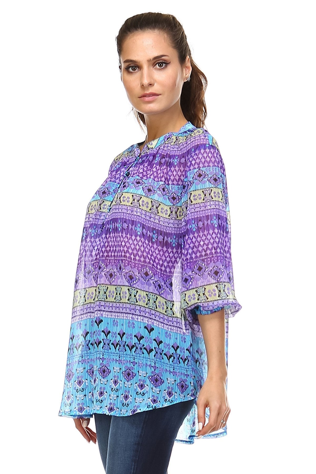 Women's 3/4 Three Quarter Sleeve Printed Chiffon Button Top Tops - Tophatter Daily Deals