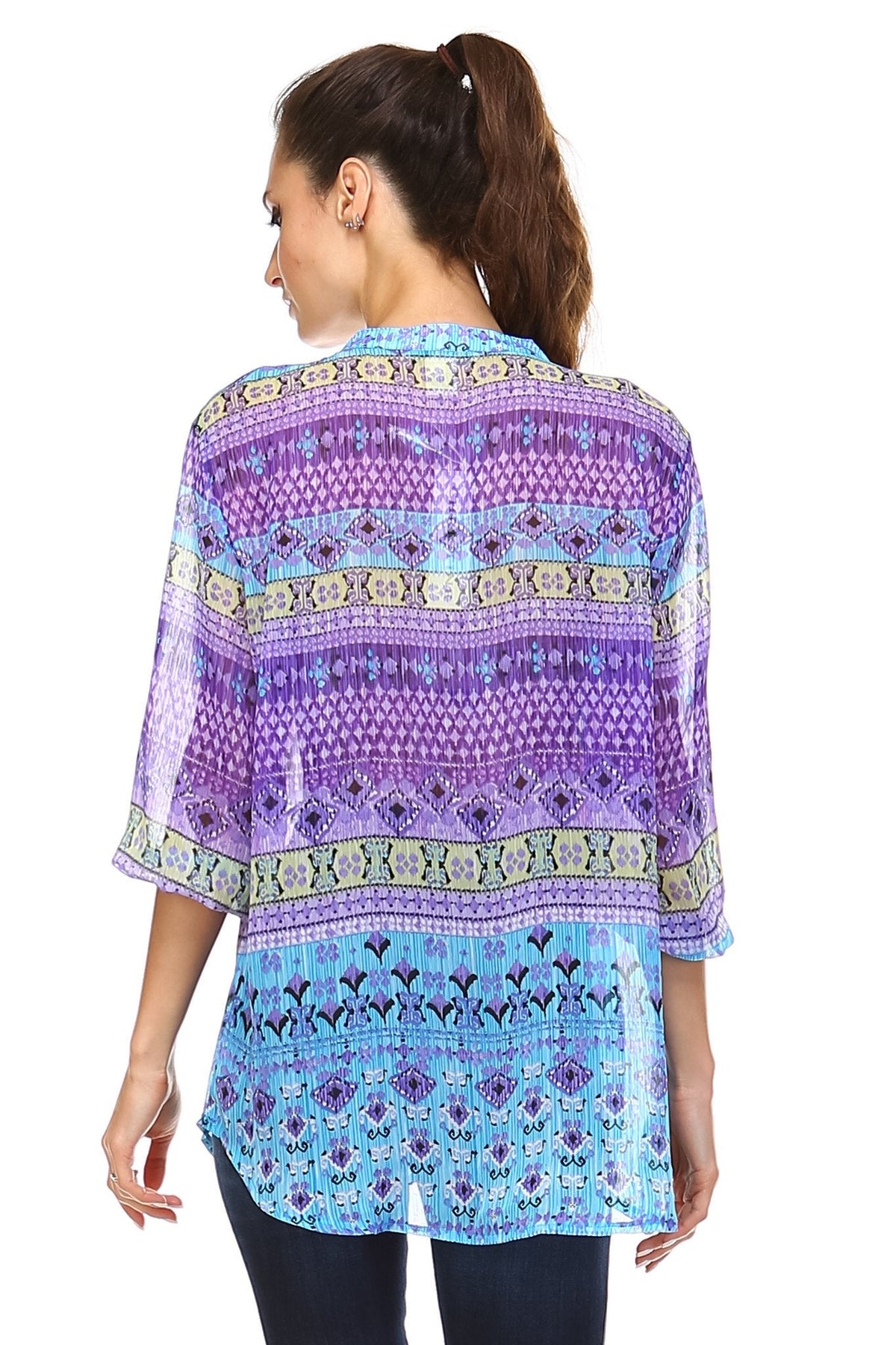 Women's 3/4 Three Quarter Sleeve Printed Chiffon Button Top Tops - Tophatter Daily Deals