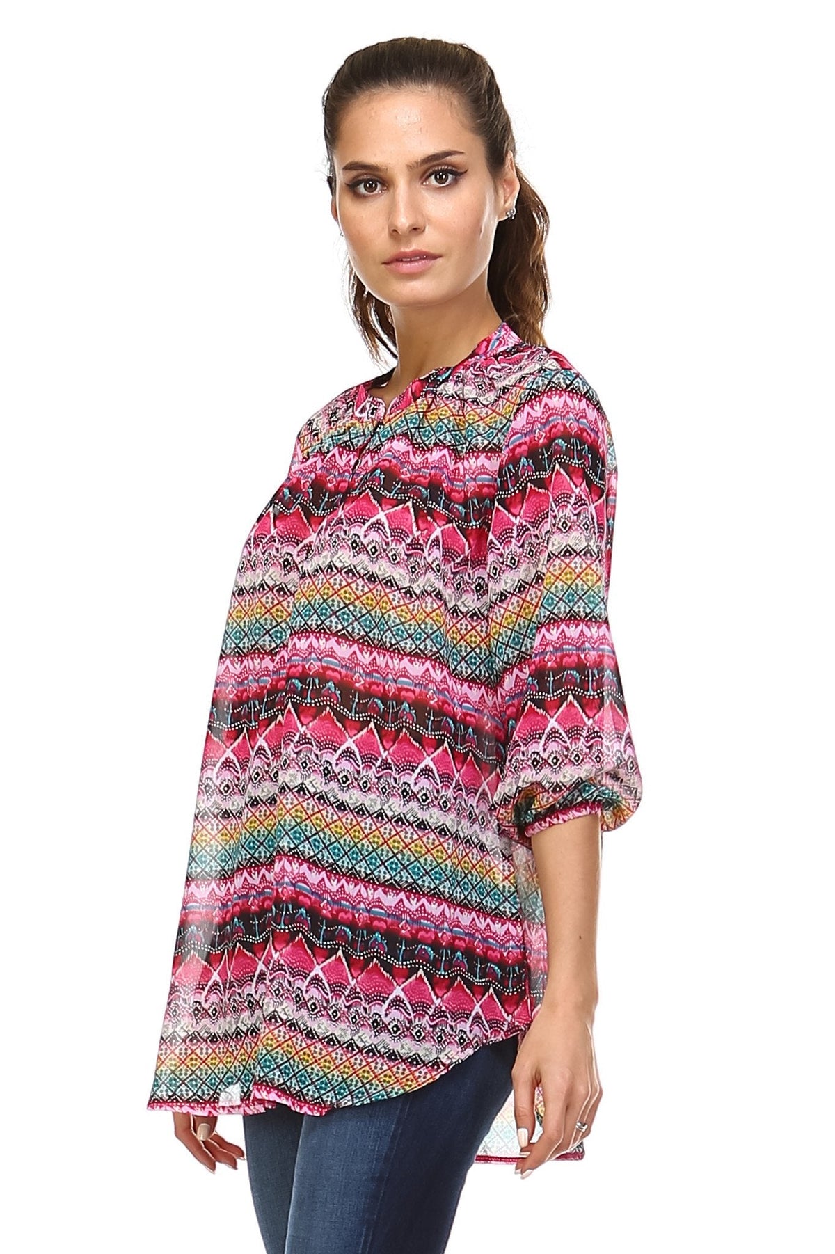 Women's 3/4 Three Quarter Sleeve Printed Chiffon Button Top Tops - Tophatter Daily Deals