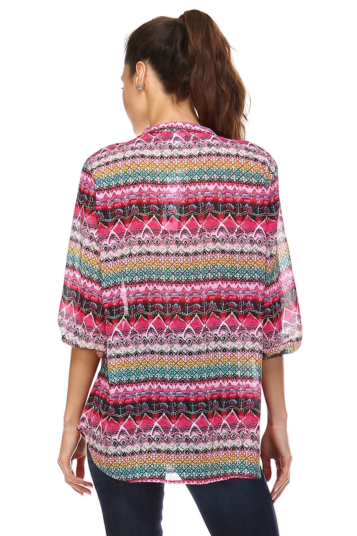 Women's 3/4 Three Quarter Sleeve Printed Chiffon Button Top Tops - Tophatter Daily Deals