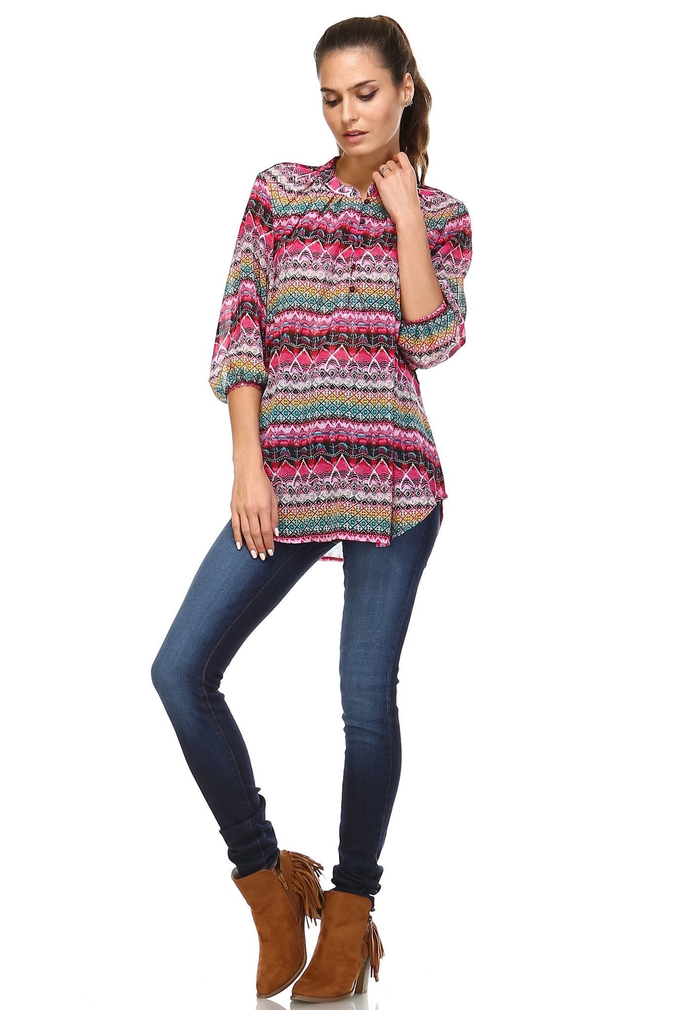 Women's 3/4 Three Quarter Sleeve Printed Chiffon Button Top Tops - Tophatter Daily Deals