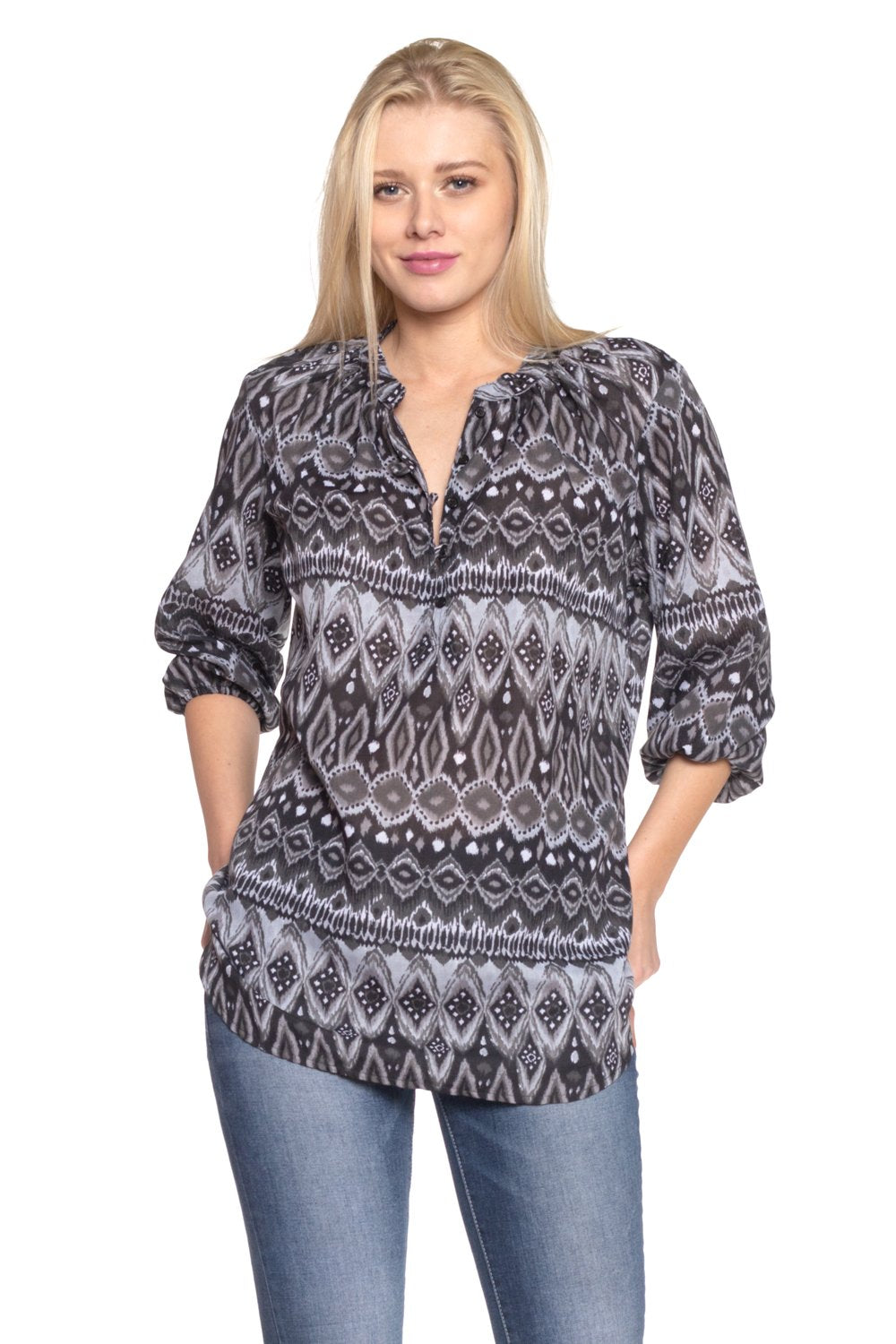 Women's 3/4 Three Quarter Sleeve Button Front Top Black 9 Tops - Tophatter Daily Deals