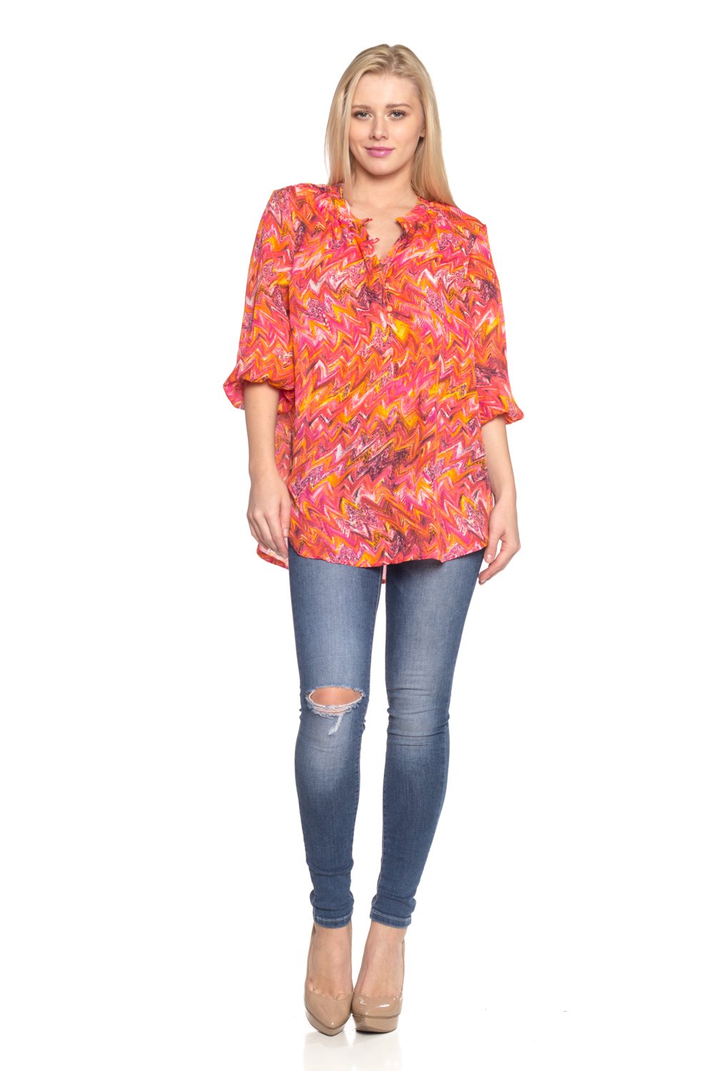 Women's 3/4 Sleeve Printed Chiffon Button Top Tops - Tophatter Daily Deals