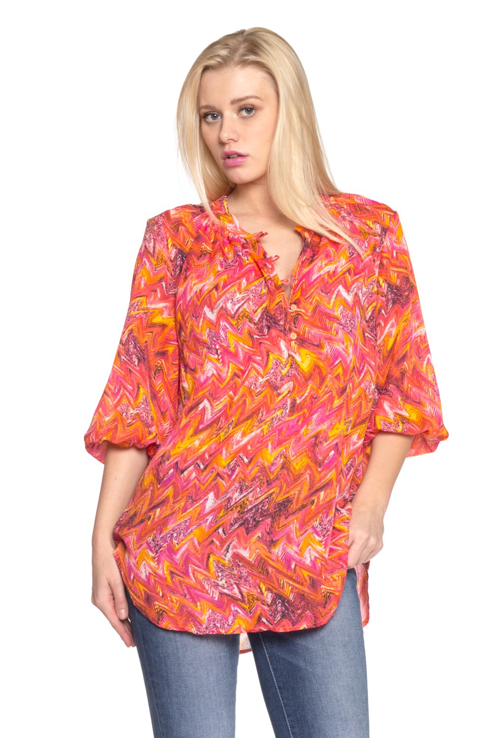 Women's 3/4 Sleeve Printed Chiffon Button Top Pink Orange Tops - Tophatter Daily Deals