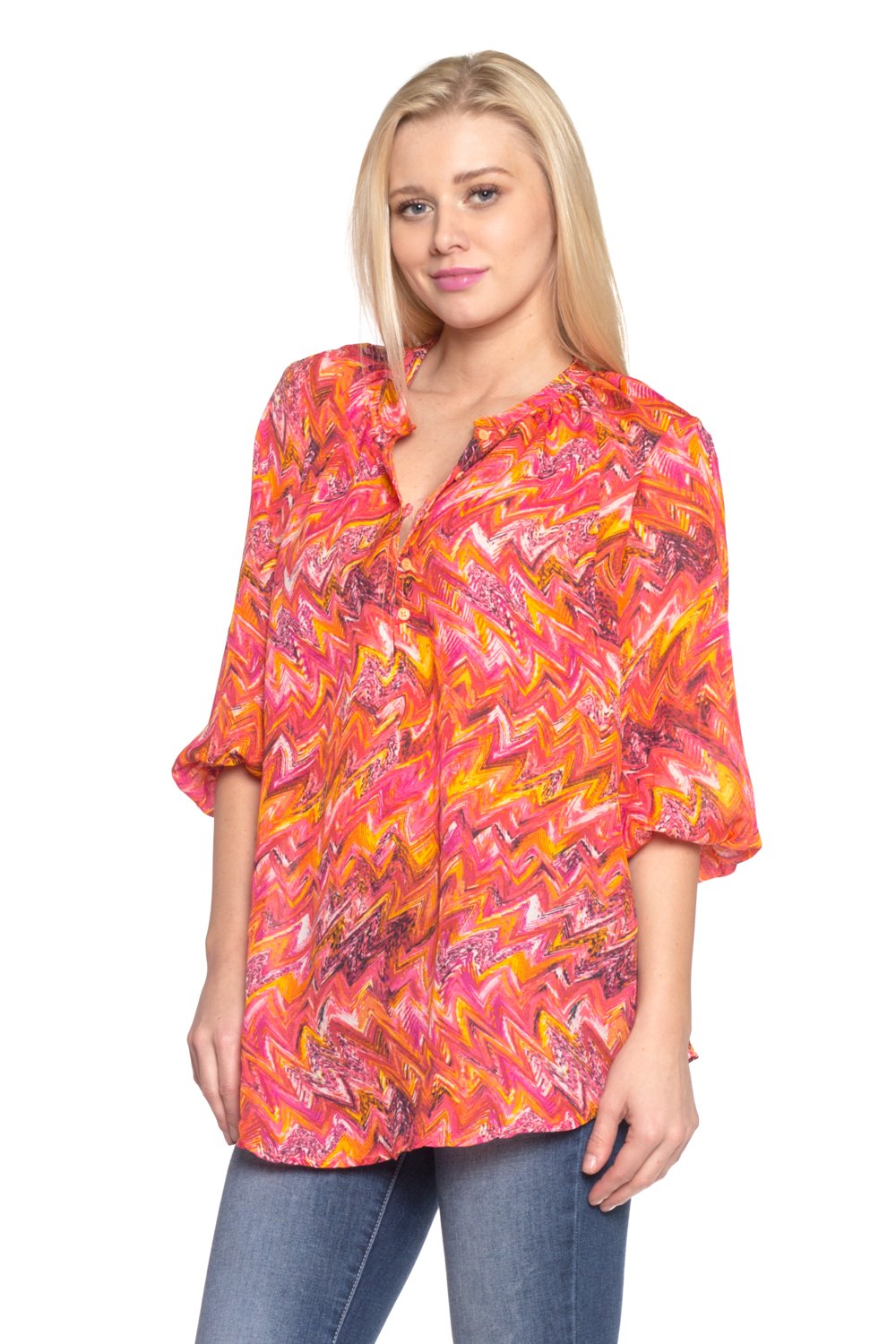 Women's 3/4 Sleeve Printed Chiffon Button Top Tops - Tophatter Daily Deals
