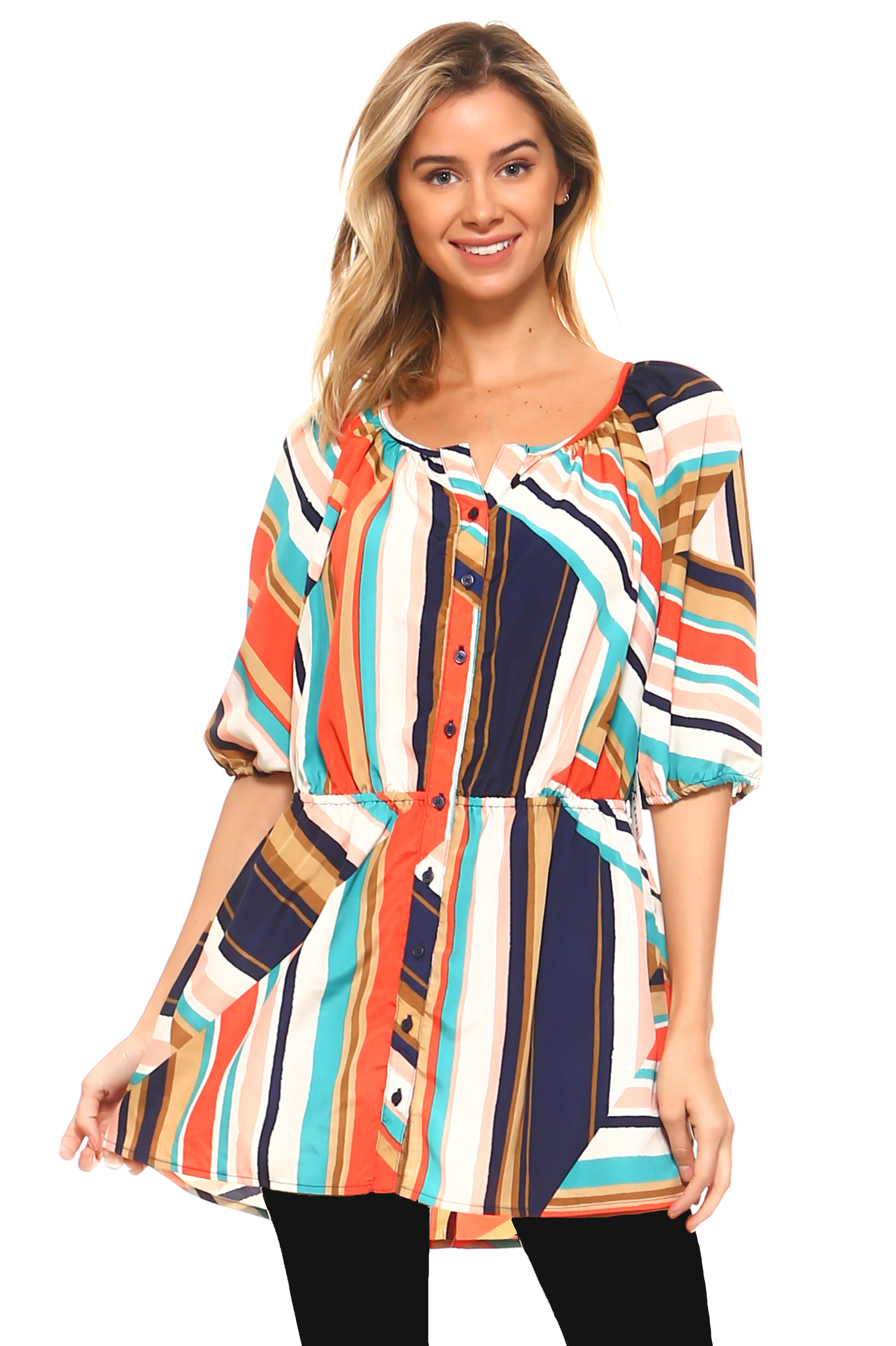 Women's Belted Button Front Top Multi 589 Tops - Tophatter Daily Deals