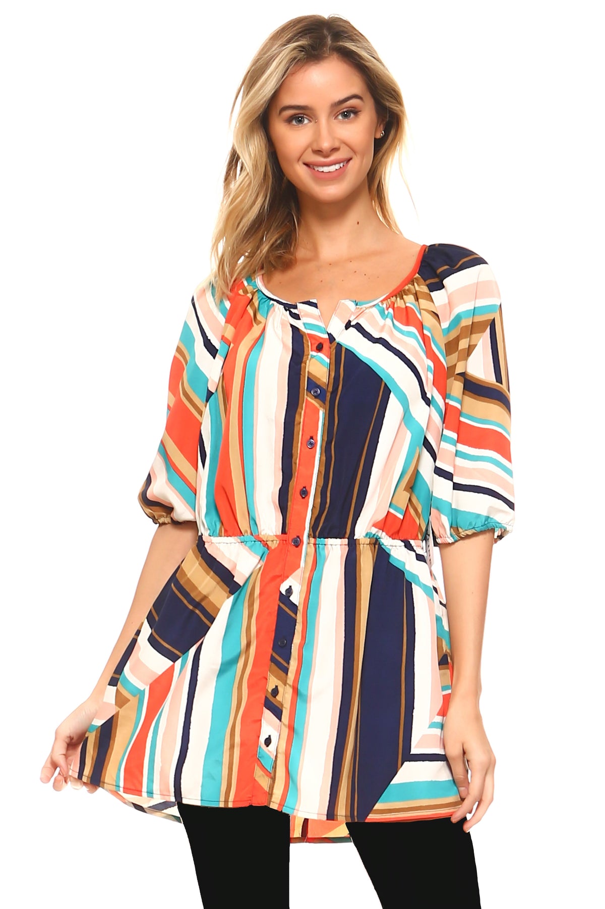 Women's Belted Button Front Top Multi 589 Tops - Tophatter Daily Deals