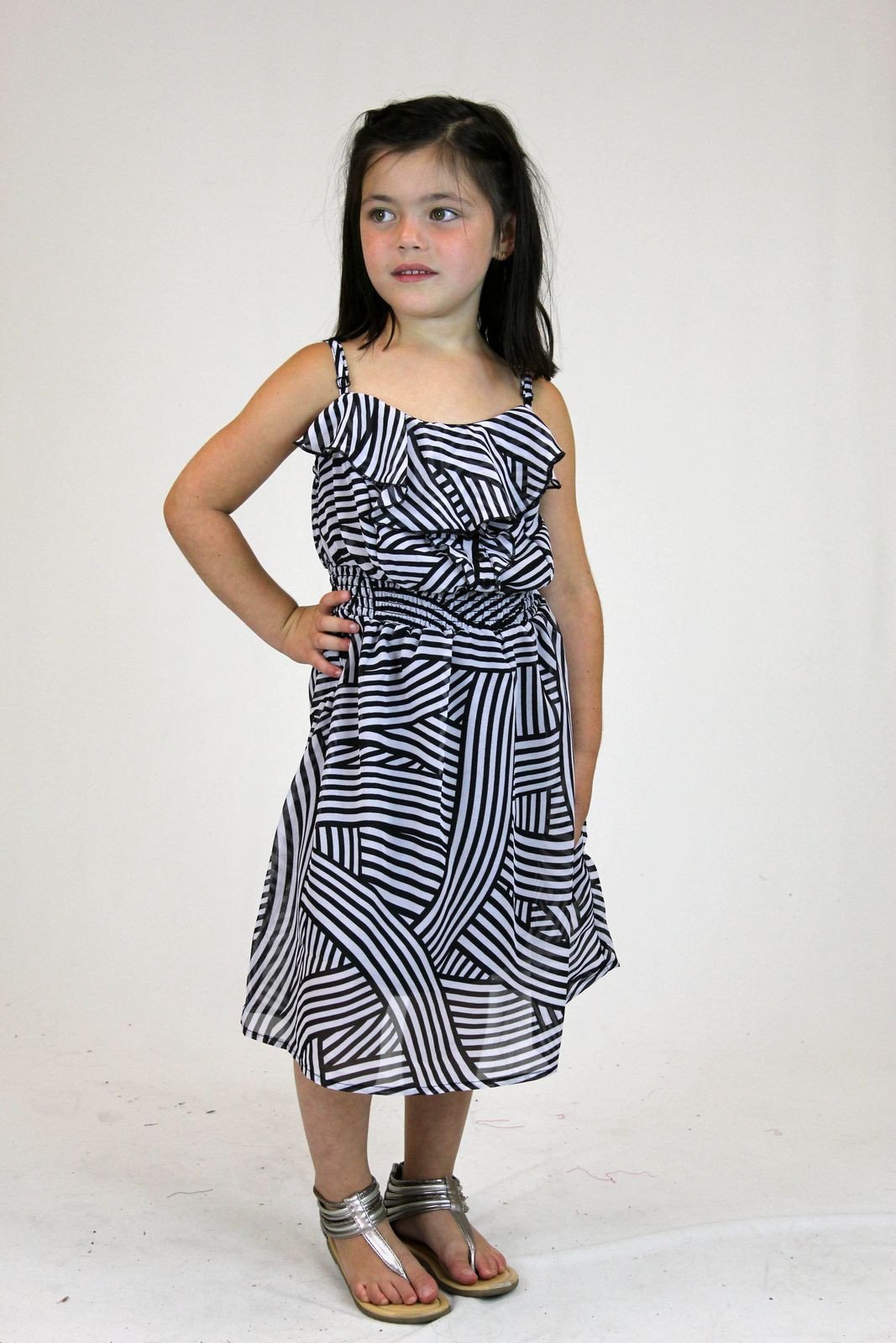 Girls Sleeveless Printed Chiffon Dress Black White #1 13 Children / Dresses - Tophatter Daily Deals