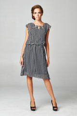 Women's Printed Chiffon Blouson Dress with Neck Trim Black White 023006 Dresses / Midi - Tophatter Daily Deals