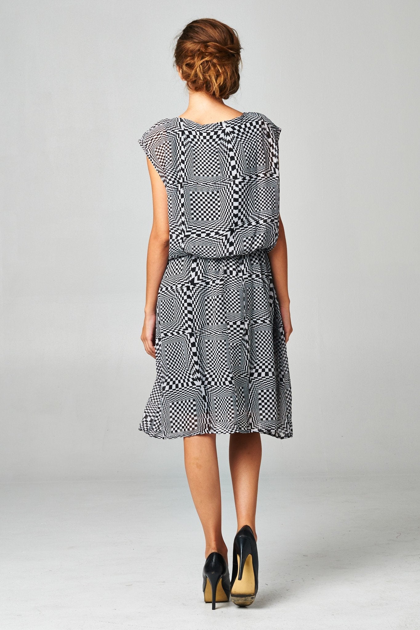 Women's Printed Chiffon Blouson Dress with Neck Trim Dresses / Midi - Tophatter Daily Deals