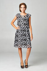 Women's Printed Chiffon Blouson Dress with Neck Trim Black White 02 Dresses / Midi - Tophatter Daily Deals