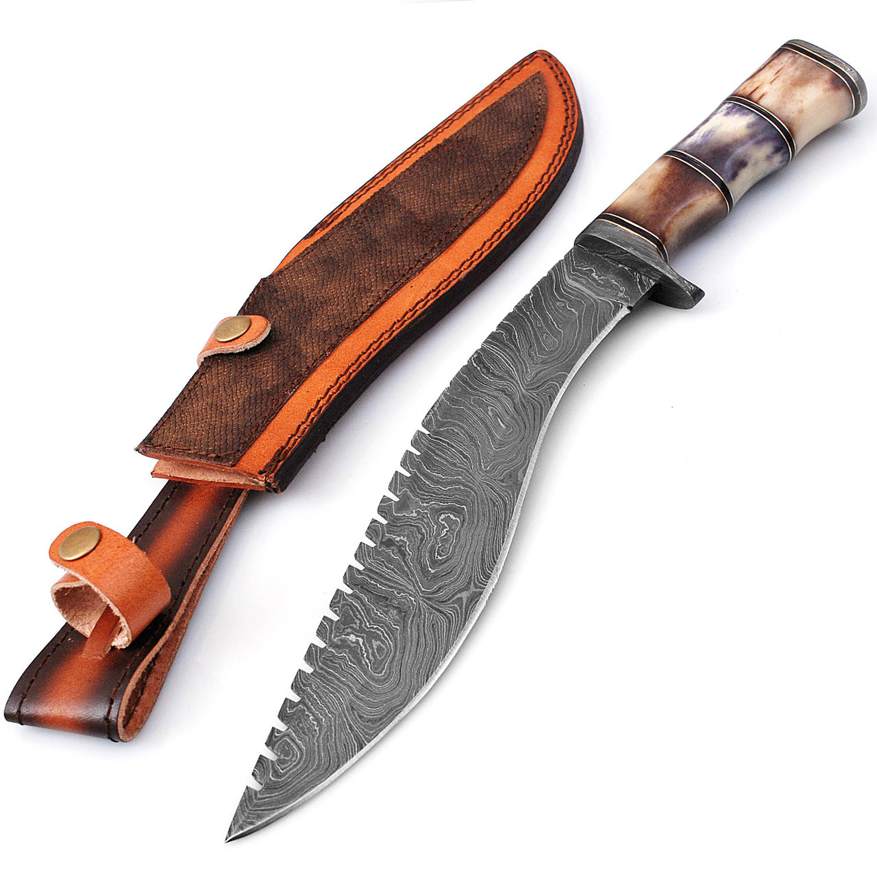 Righteous Victory Damascus Steel Kukri Sawback Machete Hunting Knife With Sheath Knives - Tophatter Daily Deals