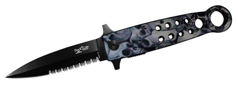 8 Inch Duck Grey Skull Camo, Half Serrated Assisted Open Pocket Knife - TOPHATTER'S ARMORY DEALS Collectible Weapons - Tophatter Daily Deals