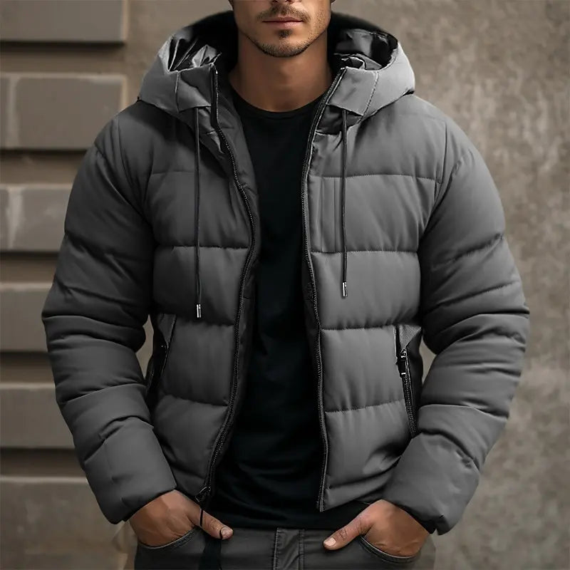 Warm Men's Puffer Jacket - Hooded, Insulated, Commuter Gray - Tophatter Daily Deals