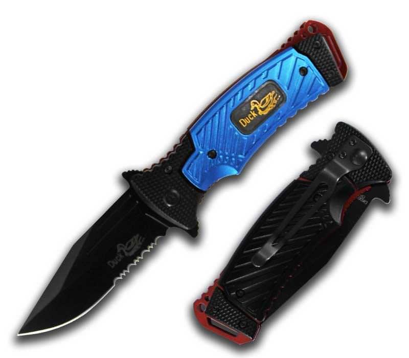 Duck USA Blue Assisted Opening Pocket Knife Serrated Blade - TOPHATTER'S ARMORY DEALS Collectible Weapons - Tophatter Daily Deals