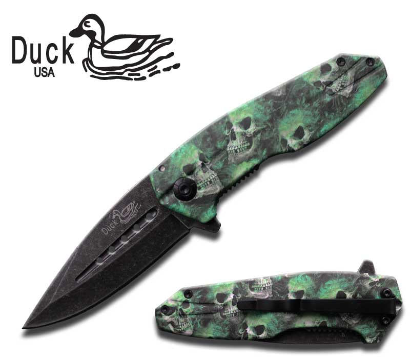 4.5 Inch Closed Heavy Duty Green Skull Camo Assisted Opening Knife Collectible Weapons - Tophatter Daily Deals