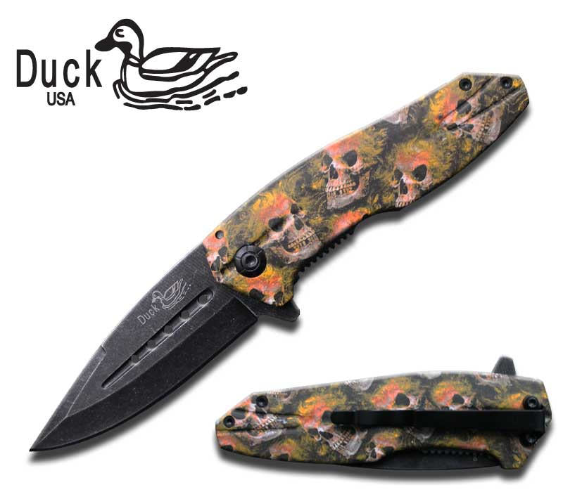 4.5 Inch Closed Heavy Duty Yellow/Orange Skull Camo Spring Assist Knife Collectible Weapons - Tophatter Daily Deals