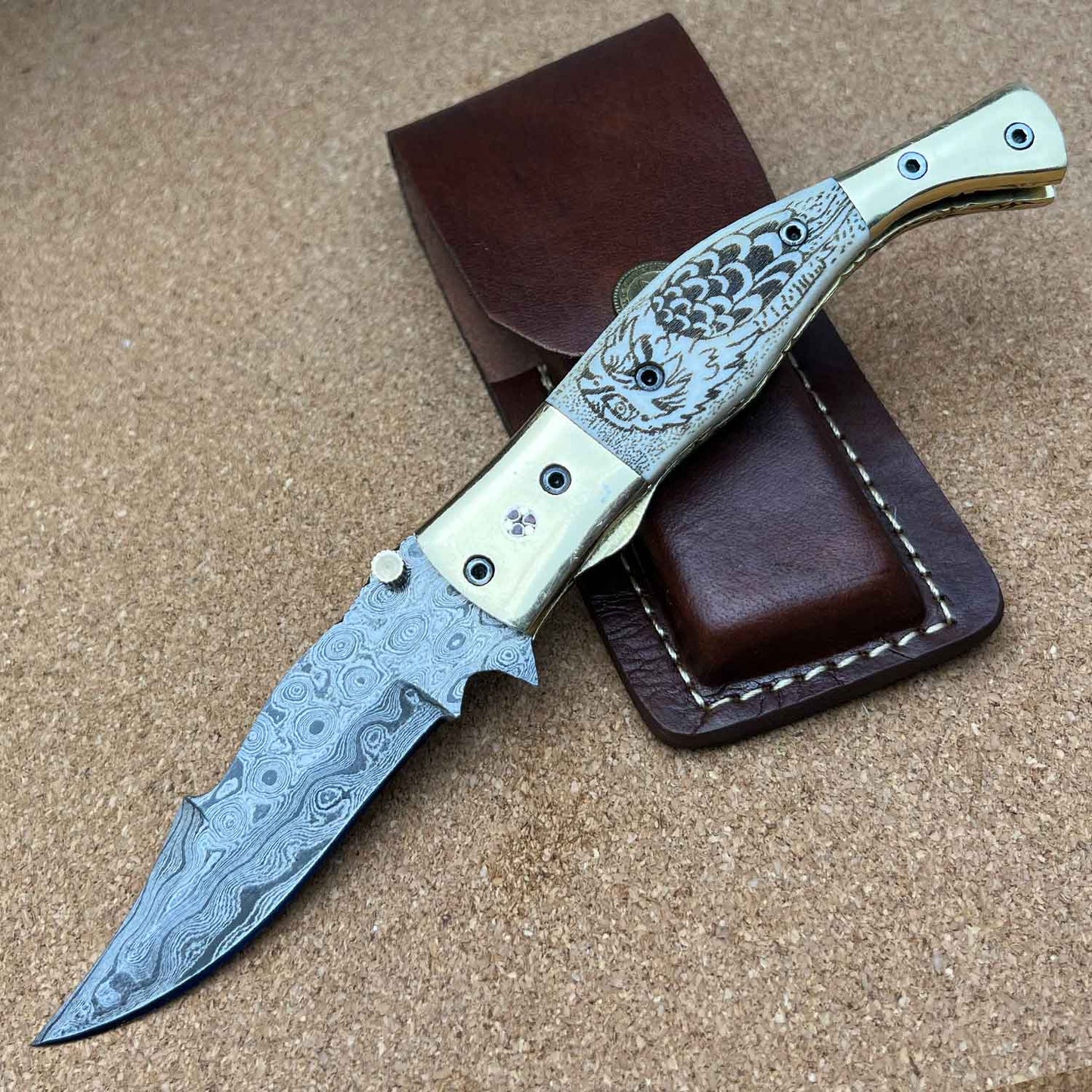 8.25" Scrimshaw Eagle Damascus Steel Custom Handmade Folding Pocket Knife - TOPHATTER'S ARMORY DEALS Collectible Weapons - Tophatter Daily Deals
