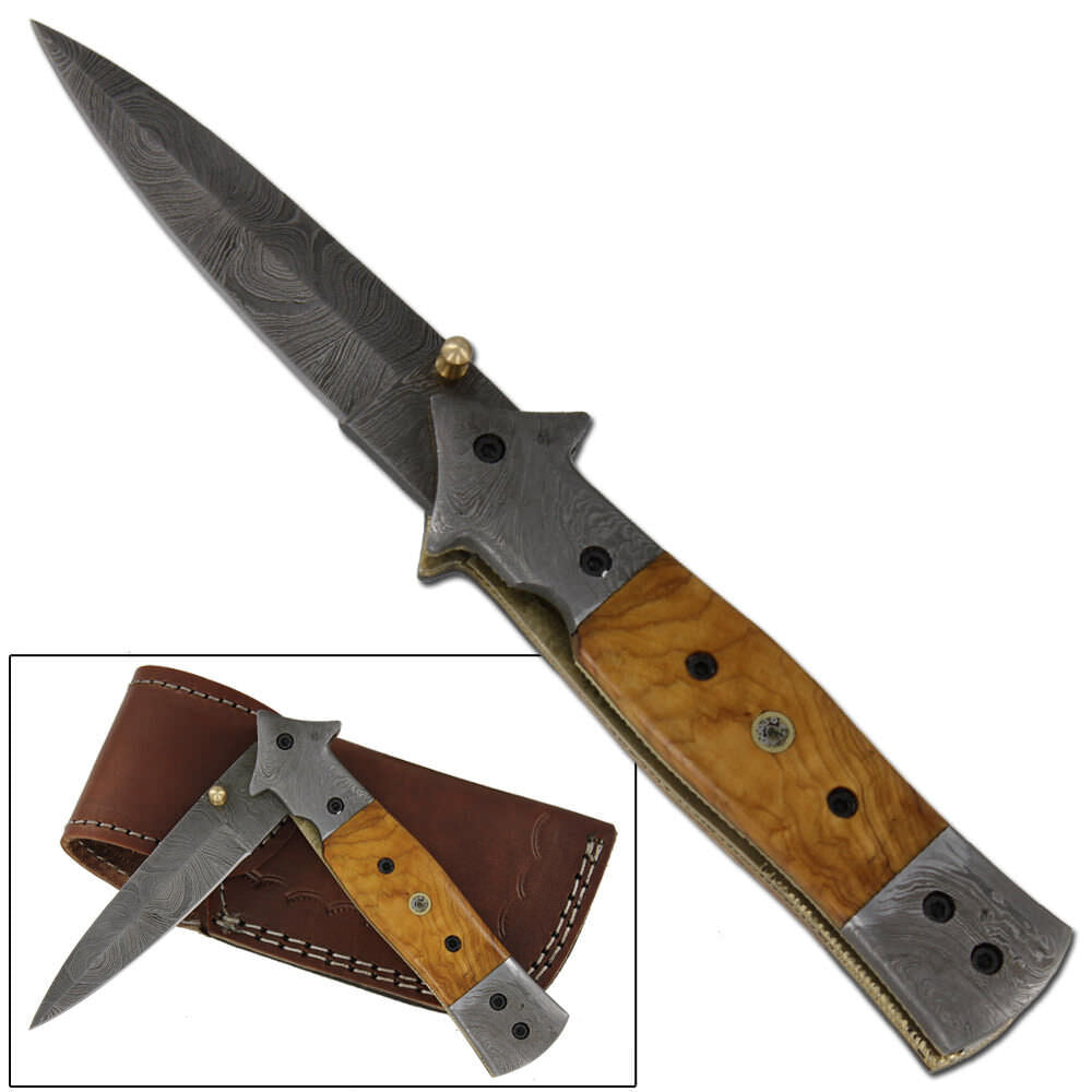 Outdoor Range War Rose Wood Damascus Steel Pocket Folding Knife & Leather Sheath - TOPHATTER'S ARMORY DEALS Collectible Weapons - Tophatter Daily Deals