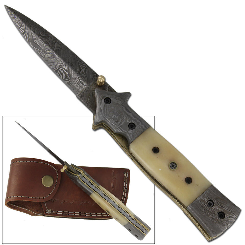 Bone Damascus Steel Folding Handmade Pocket Knife - TOPHATTER'S ARMORY DEALS Collectible Weapons - Tophatter Daily Deals