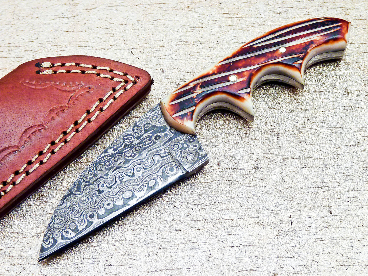 Damascus Steel Handmade Hunting Mini Skinning Knife Bone Handle 6" - Tophatter's Inc. Weapons Store Online Collectible Weapons - Tophatter Daily Deals